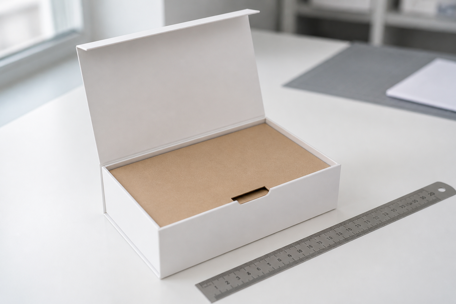 Unprinted white sample used to check fit before printing custom eco-friendly gift boxes