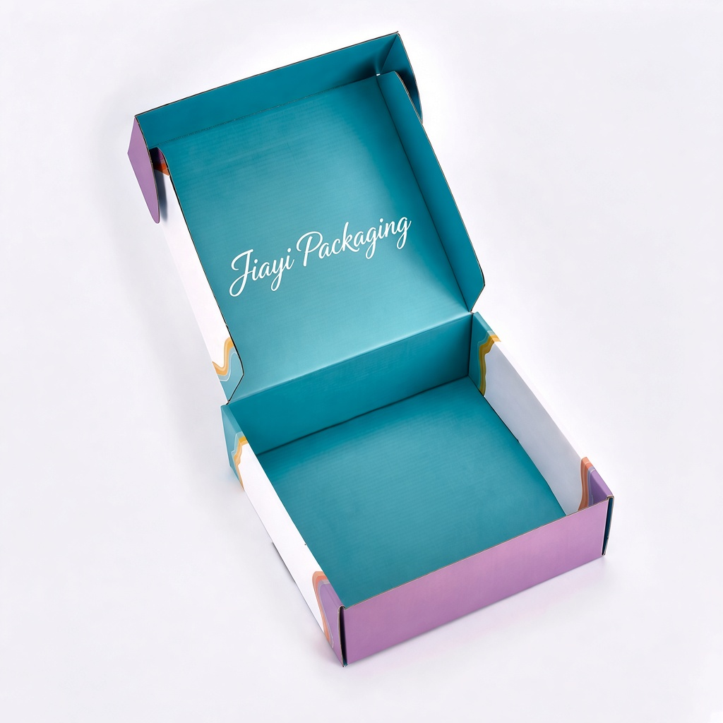 Open corrugated mailer box with teal interior for apparel shipping — Jiayi Packaging