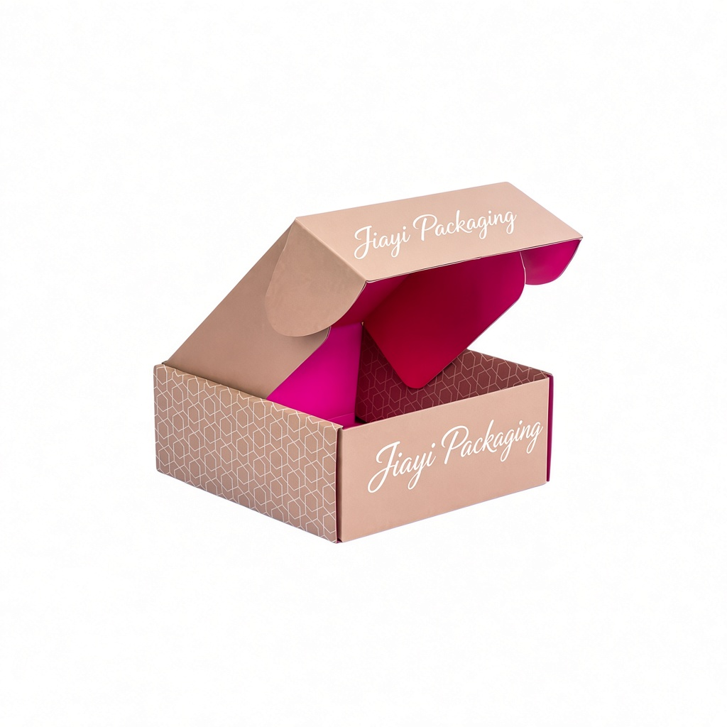 Slightly open corrugated apparel mailer box with pink interior — Jiayi Packaging