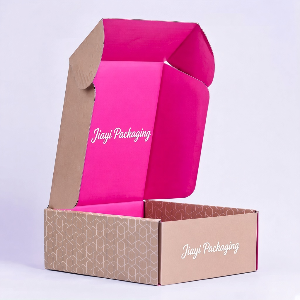 Open corrugated apparel mailer box with pink interior — Jiayi Packaging