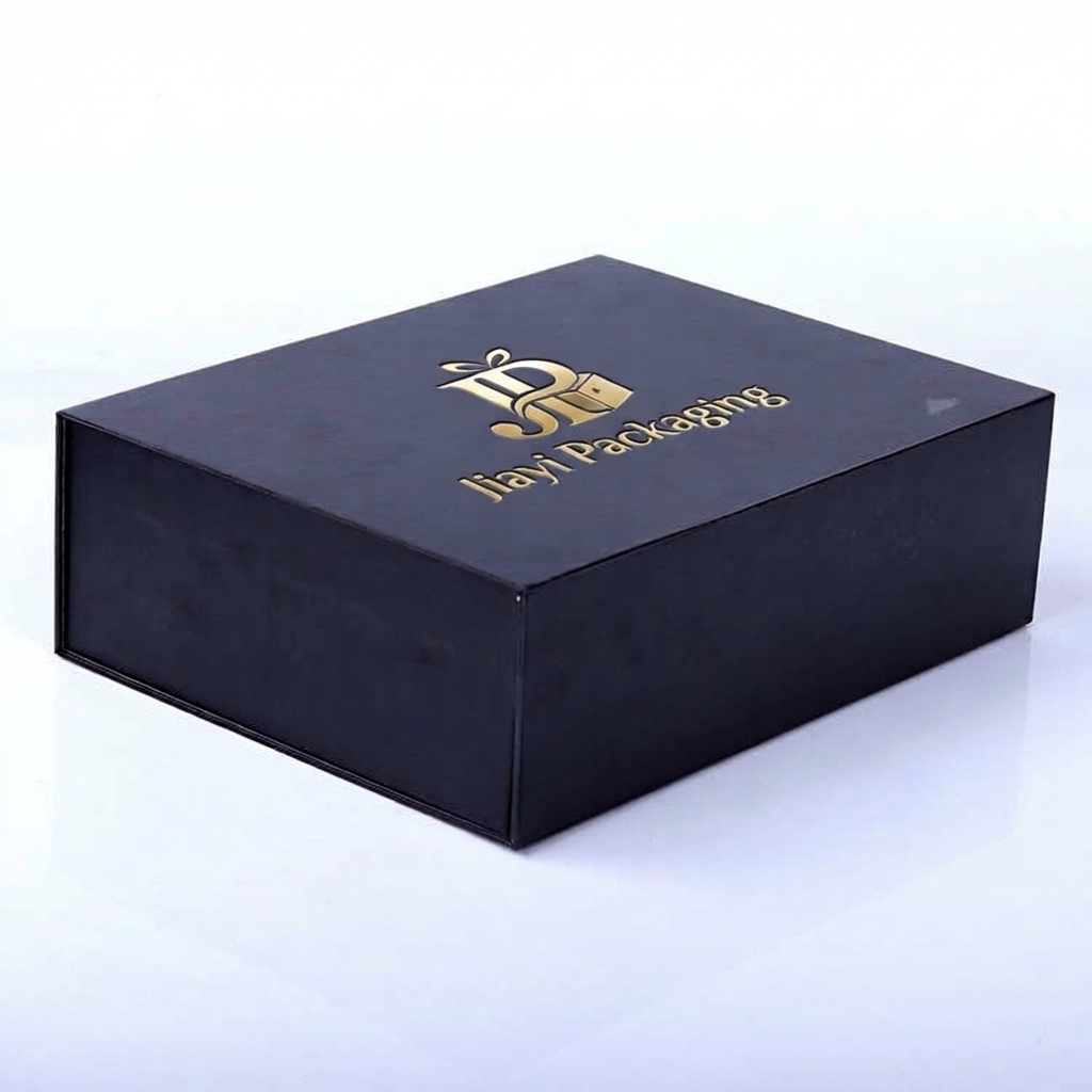 Top view of a black collapsible magnetic skincare box with Jiayi Packaging on the lid