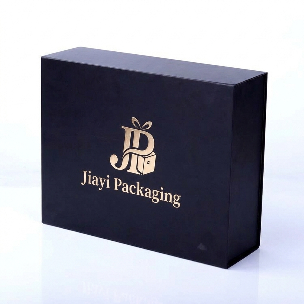 Black collapsible magnetic skincare box with Jiayi Packaging on the lid