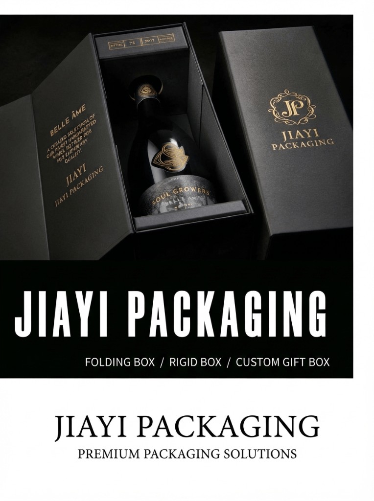Custom black rigid wine box open beside a closed tall gift box with gold foil