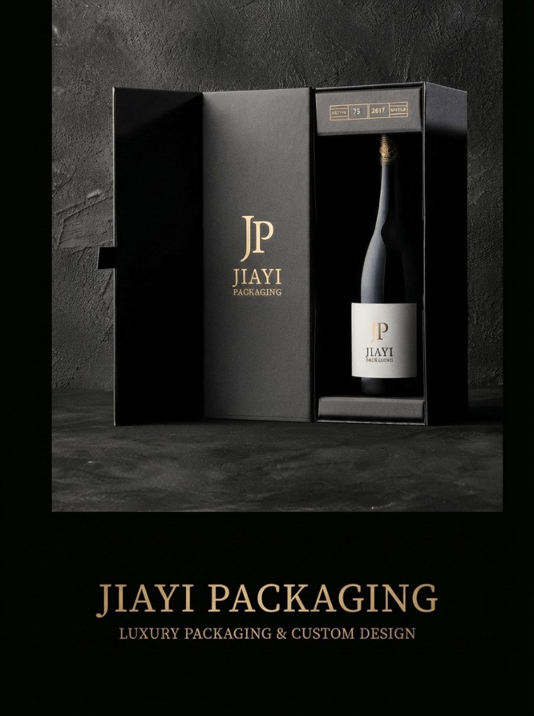Custom black rigid wine gift box open, with gold foil JP monogram and one wine bottle