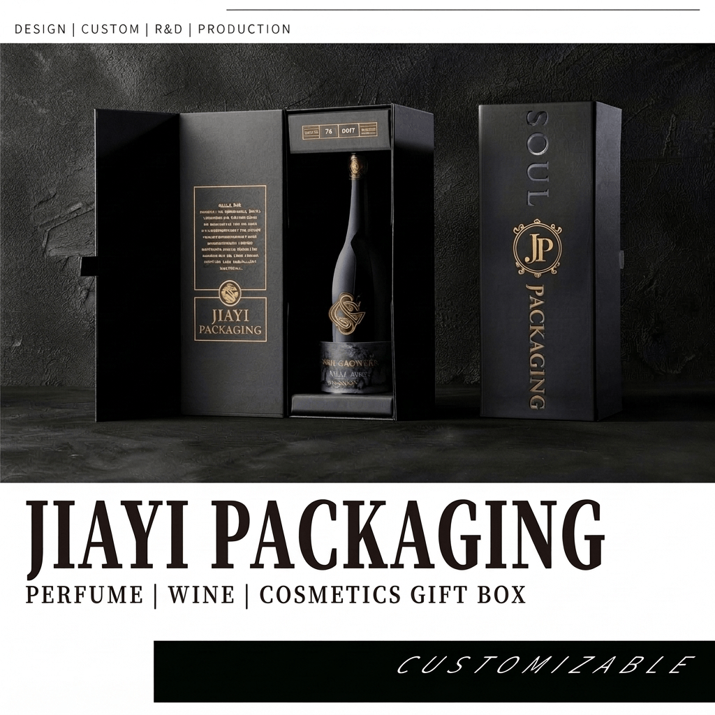 Custom black rigid wine gift box shown open with a bottle and a closed gold-foil box
