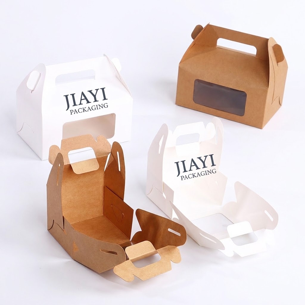 Custom kraft and white gable food boxes with a handle and window, shown open and closed