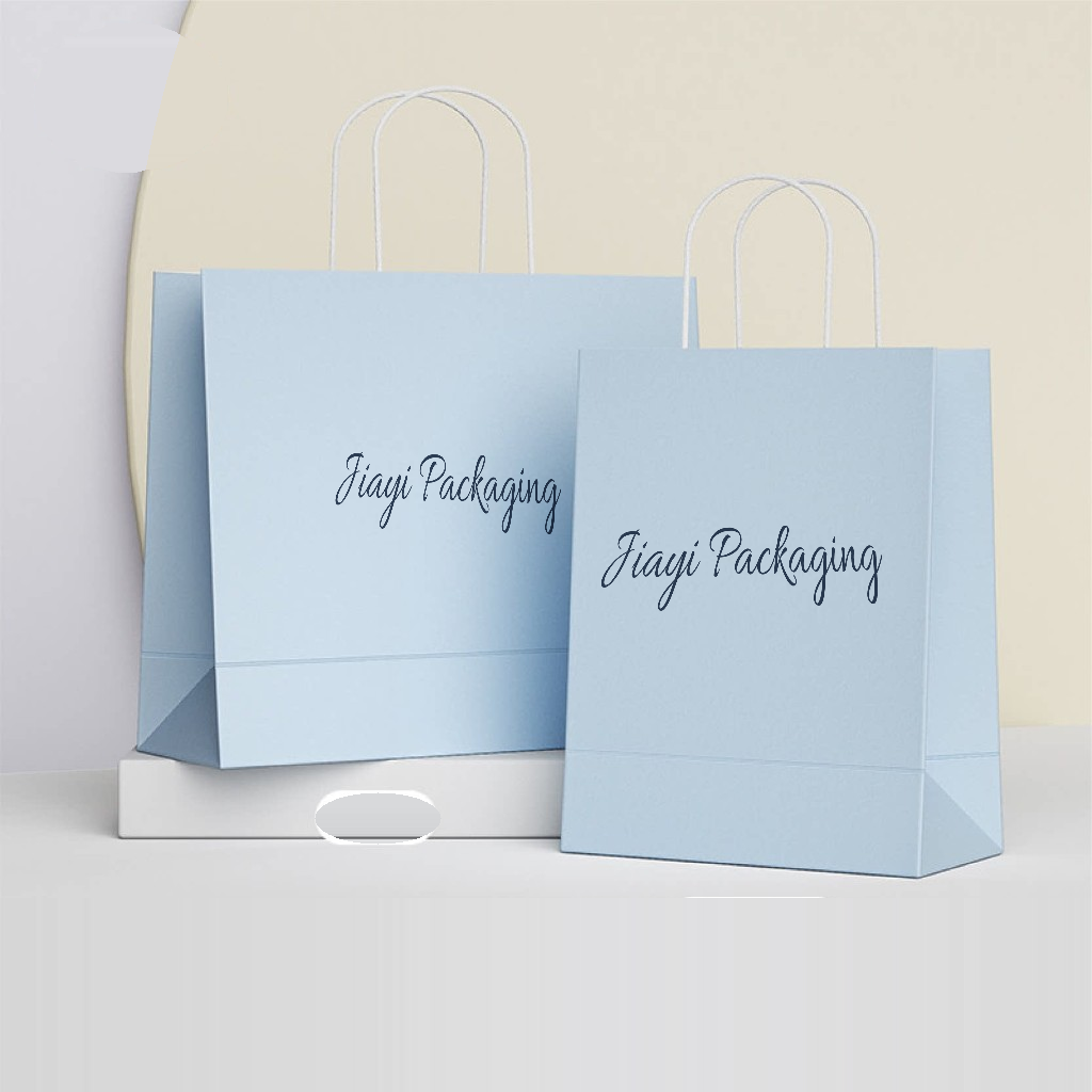 Light blue paper euro tote bags with rope handles, landscape and portrait