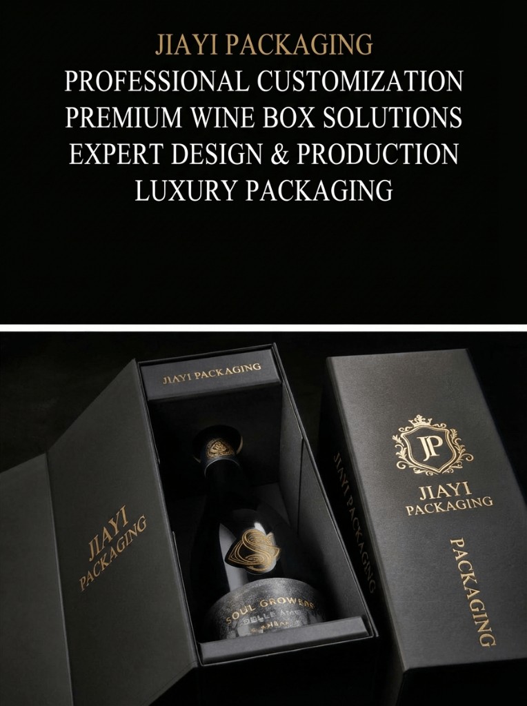 Custom premium black wine packaging box open with one bottle and a closed rigid box