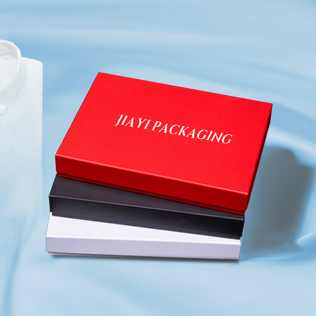 Red, black and white rigid shirt gift boxes stacked — Jiayi Packaging