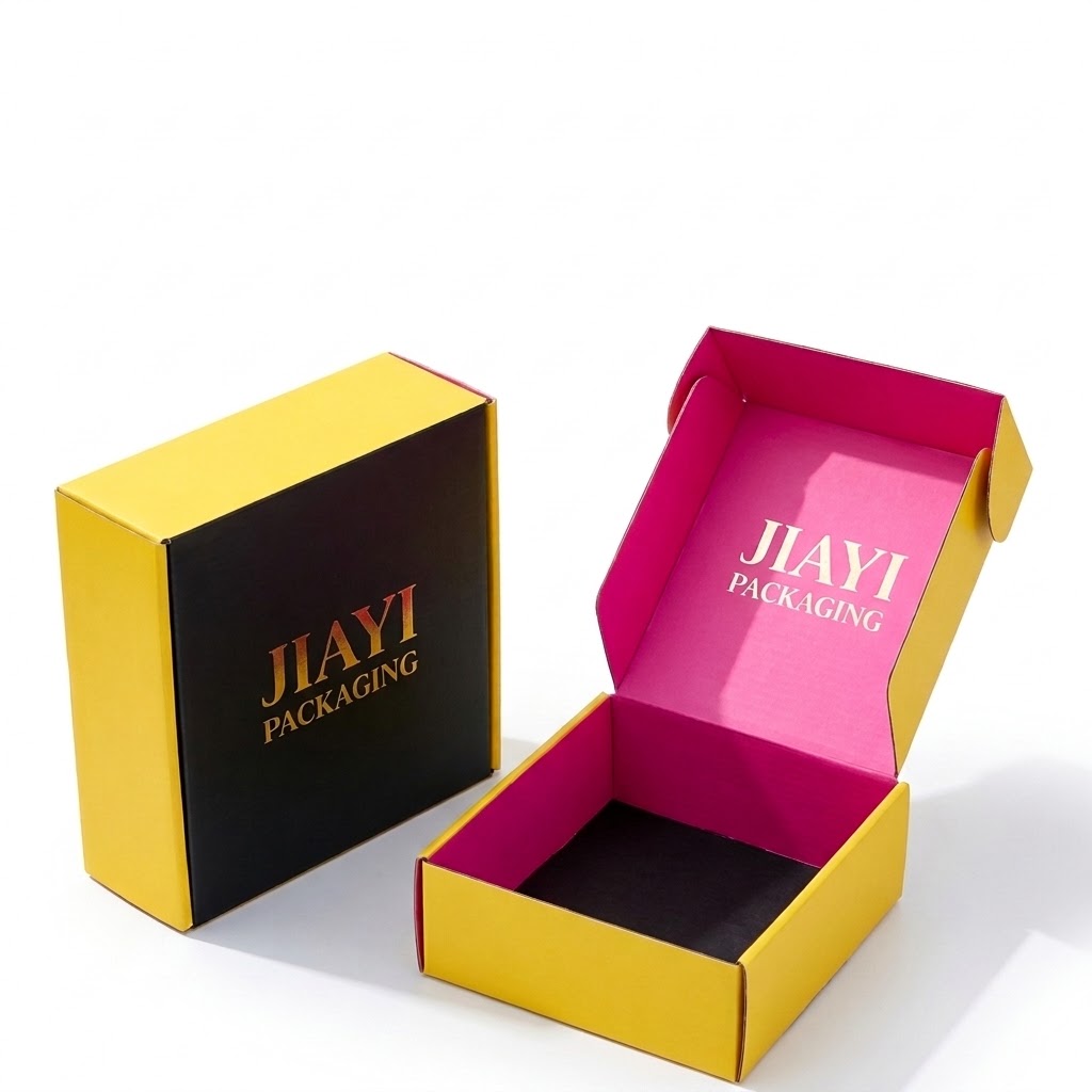 Custom yellow e-commerce mailer box with a pink interior, shown open and closed
