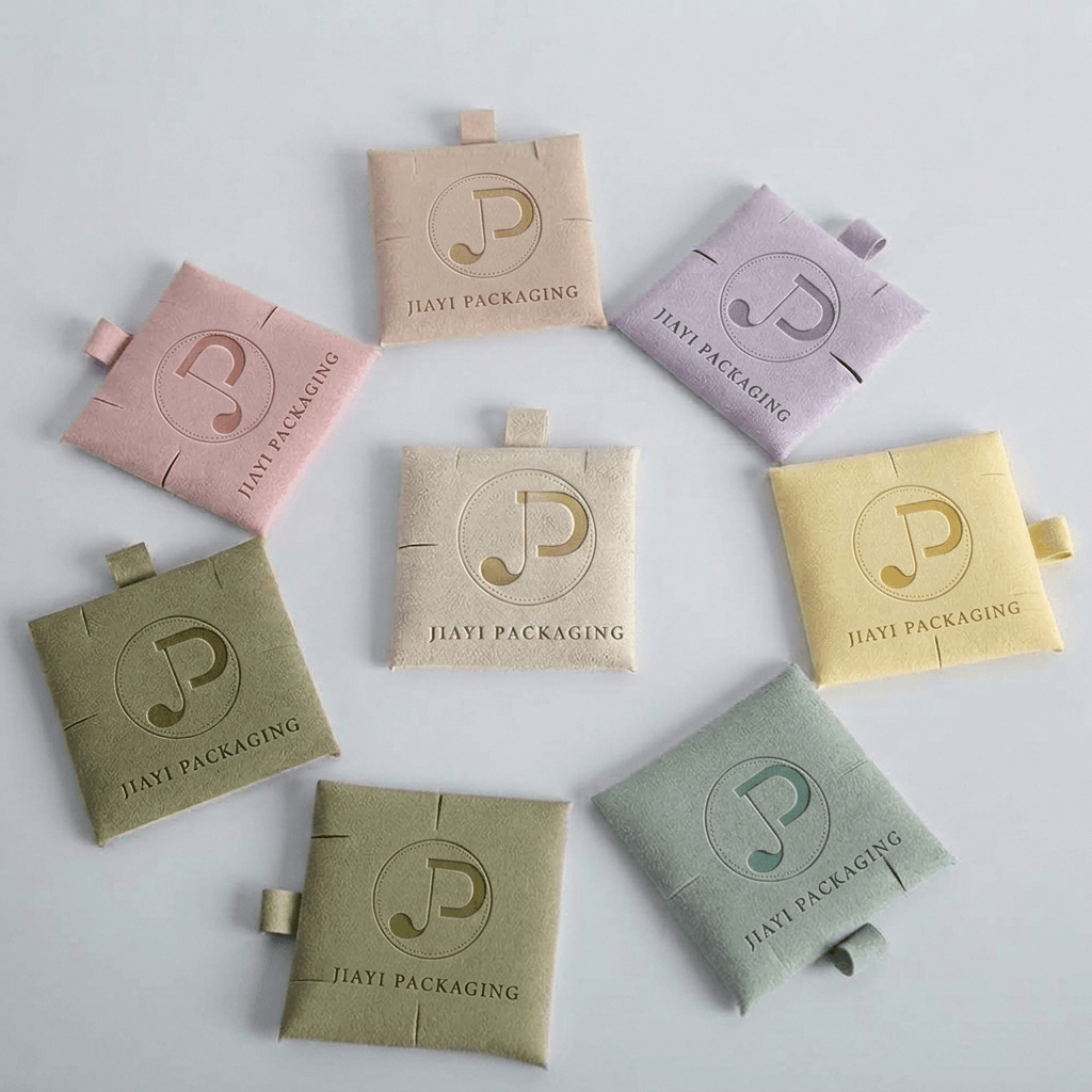Velvet jewelry pouch color lineup with a debossed monogram