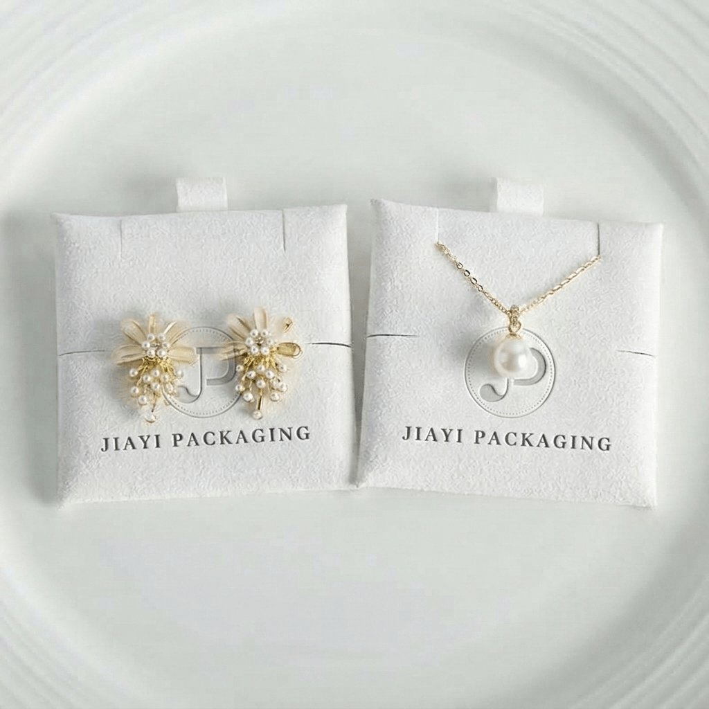White velvet jewelry pouches holding pearl drop earrings and a pearl necklace