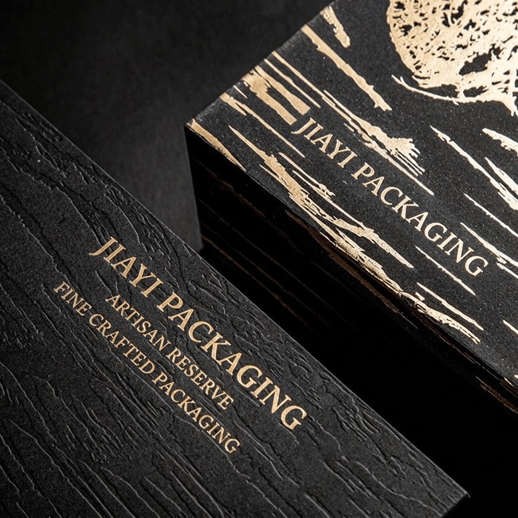 Custom tea packaging box close-up with gold foil lettering on black textured board