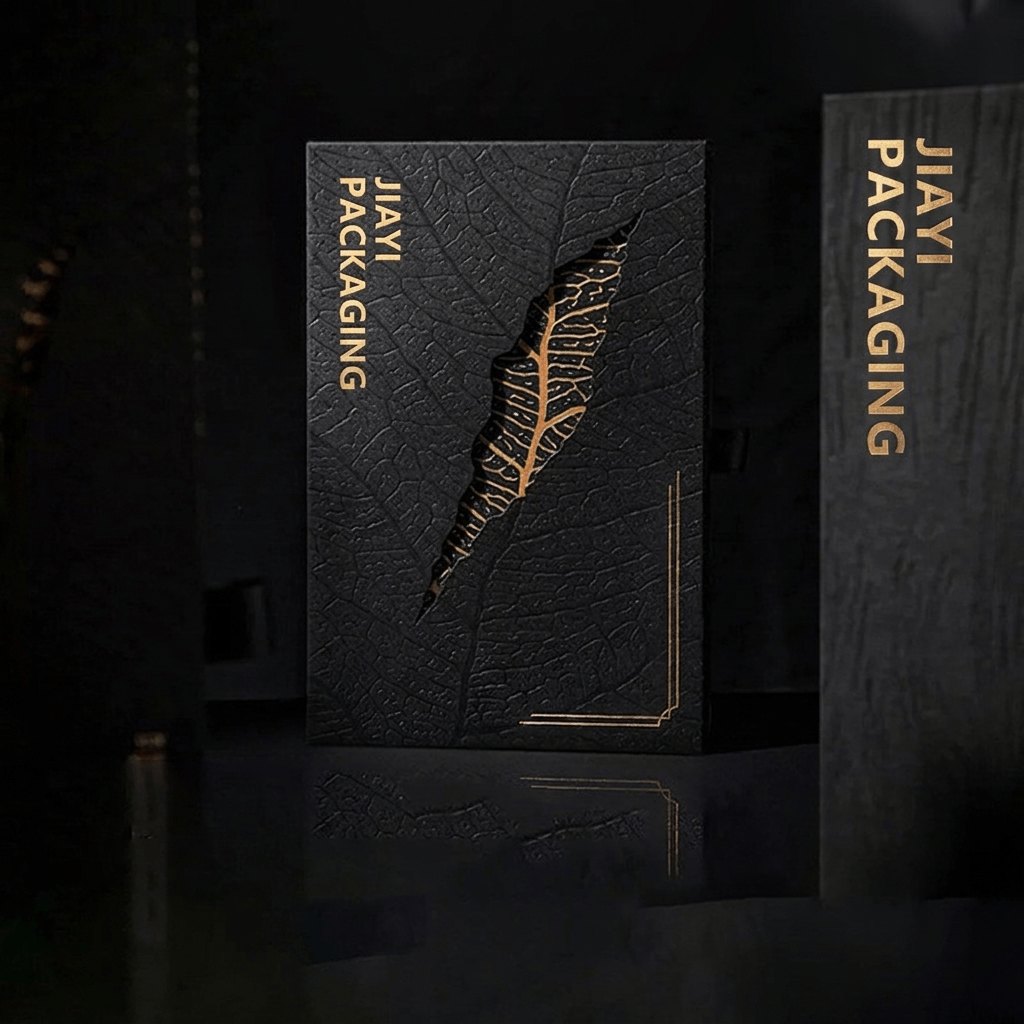 Magnetic book-style tea box with a gold leaf vein and vertical gold foil lettering