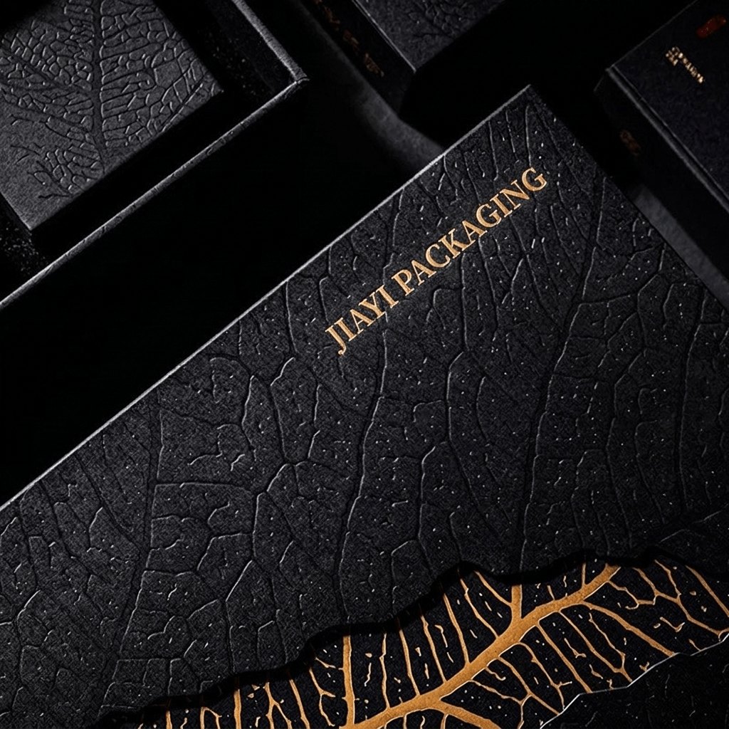Magnetic tea gift box detail showing a black leaf texture and gold foil veins